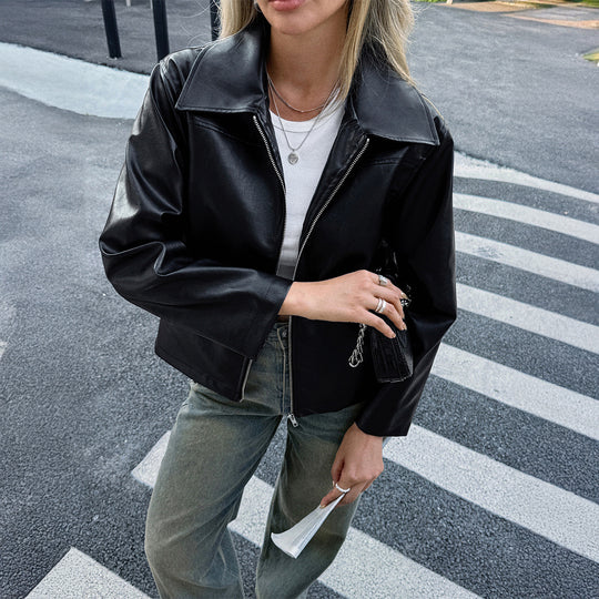 Damen nan elegante Kunstlederjacke mit Reißverschluss, Hemdkragen und Eingrifftaschen Shop Nory