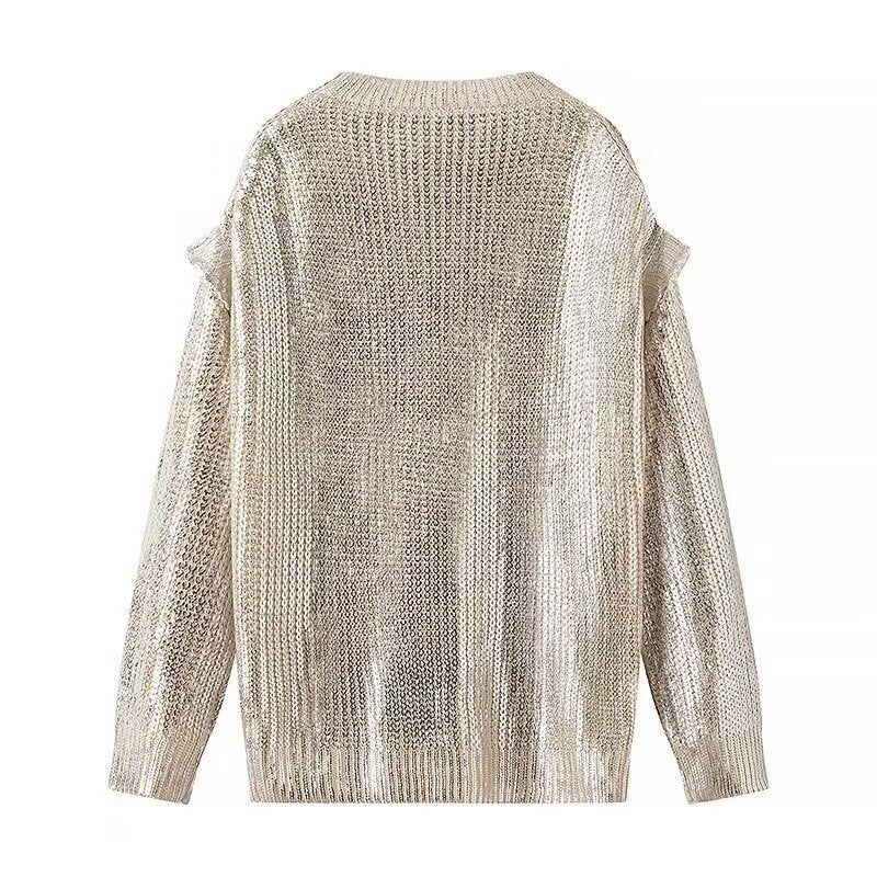 Damen Oversized Strickpullover mit Cut-Out-Schultern und Metallic-Glanz Shop Nory