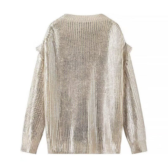 Damen Oversized Strickpullover mit Cut-Out-Schultern und Metallic-Glanz Shop Nory