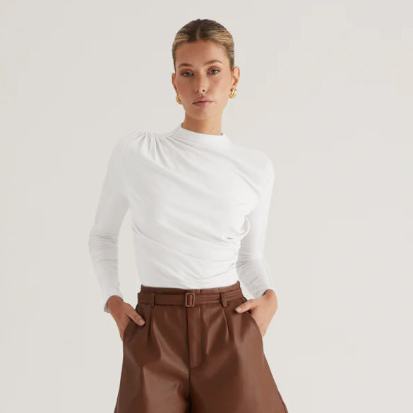 Damen Langarmshirt mit elegantem Wickeldesign und hochgeschlossenem Kragen