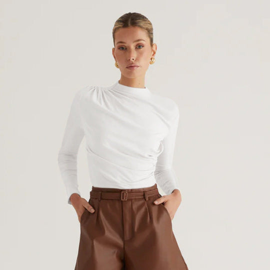 Damen Langarmshirt mit elegantem Wickeldesign und hochgeschlossenem Kragen