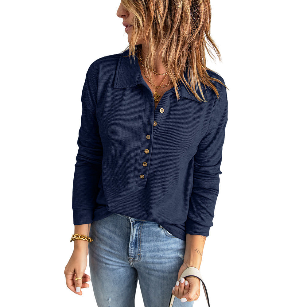 Damen Langarm-Waffelshirt mit Hemdkragen und Knopfleiste Shop Nory