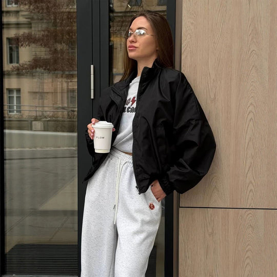 Damen Oversize Cropped Bomberjacke mit Stehkragen und Reißverschluss Shop Nory