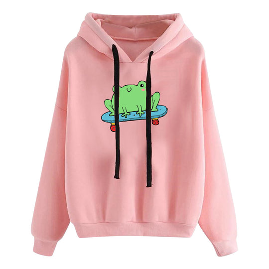 Damen nan kurz geschnittener Cropped-Kapuzenpullover mit niedlicher Frosch-Illustration und verstellbarer Kapuze Shop Nory