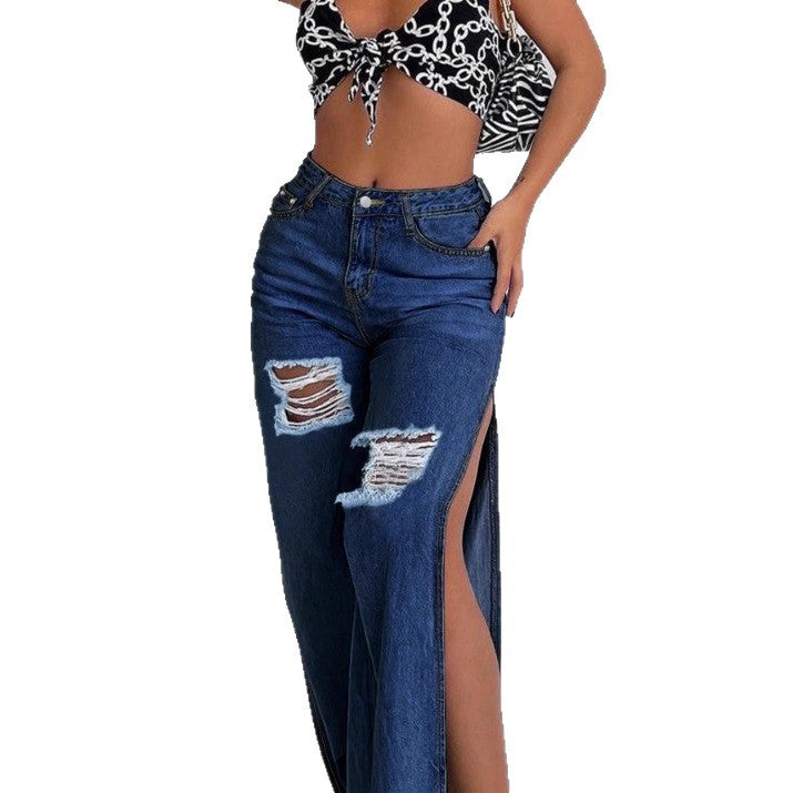 Damen Langer hochgeschnittener Denim-Maxirock mit seitlichem Oberschenkelschlitz und Used-Details Shop Nory
