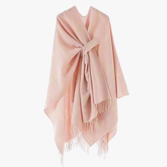 Damen Oversize-Capeponcho aus Wollmix mit Bindegürtel, Fransen und großem Karomuster Shop Nory