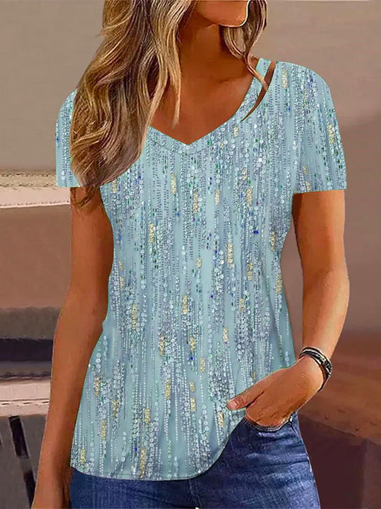 Damen V-Ausschnitt T-Shirt mit Glitzer-Detail und lockerer Passform