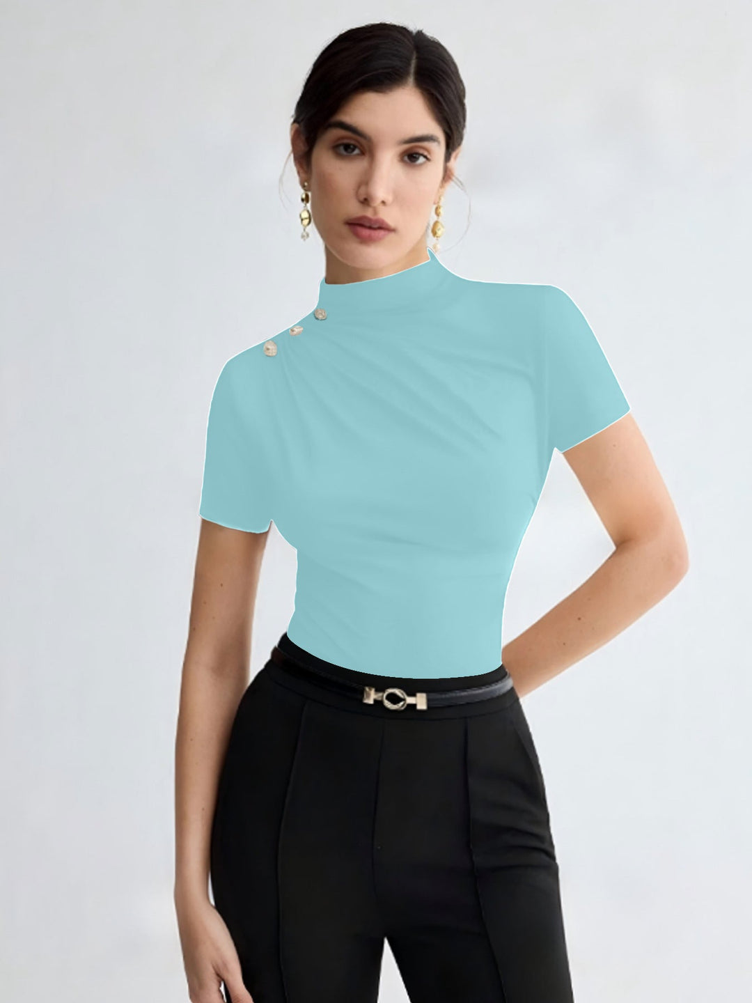 Damen elegantes Oberteil mit dekorativen Knopfdetails und modernem Stehkragen