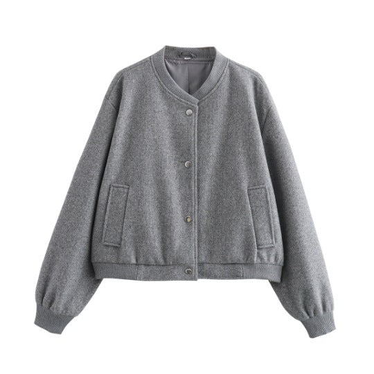 Damen Kurzgeschnittene Wollmix Bomberjacke mit Druckknöpfen und Rippbündchen Shop Nory