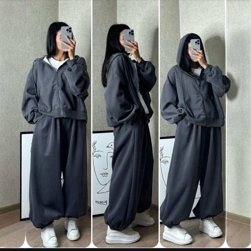 Damen nan übergroße Kapuzenjacke mit Reißverschluss und weite Jogginghose Lounge Set Shop Nory