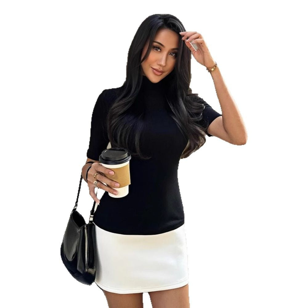 Damen figurbetontes T-Shirt mit Stehkragen und kurzen Ärmeln Shopnory