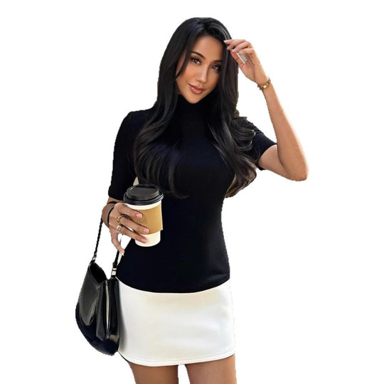 Damen figurbetontes T-Shirt mit Stehkragen und kurzen Ärmeln Shopnory