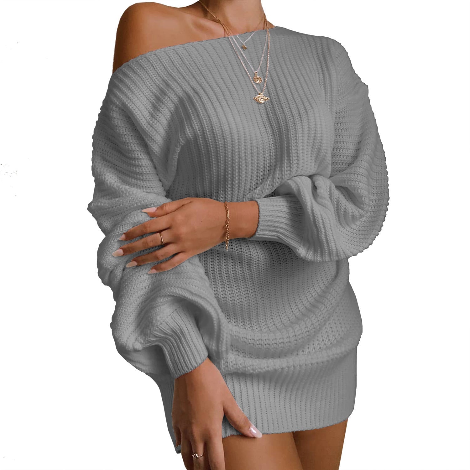 Damen Oversized Strickkleid mit offener Schulter und lässigem Schnitt