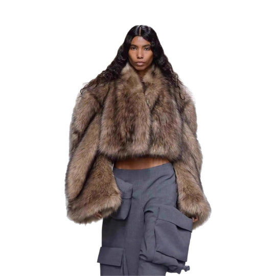 Damen Kurze voluminöse Crop-Faux-Fur-Jacke mit verlängerten Ärmeln Shop Nory
