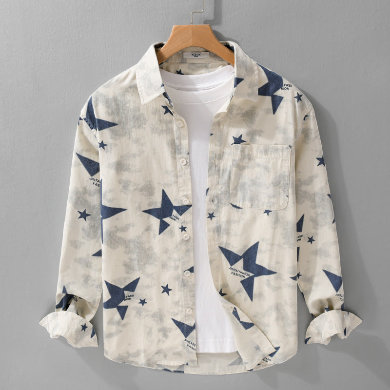 Herren Lockeres Baumwoll-Blend Overshirt mit Stern-Print und Brusttasche Shop Nory