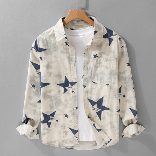 Herren Lockeres Baumwoll-Blend Overshirt mit Stern-Print und Brusttasche Shop Nory