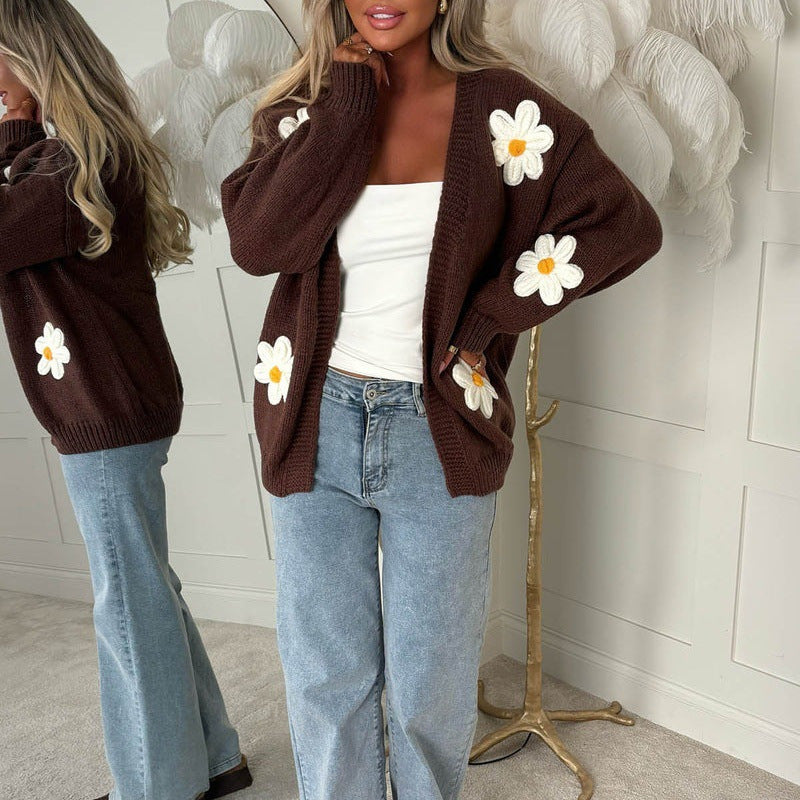 Damen Oversize-Strickcardigan mit 3D-Blumenapplikationen und geripptem Saum Shop Nory