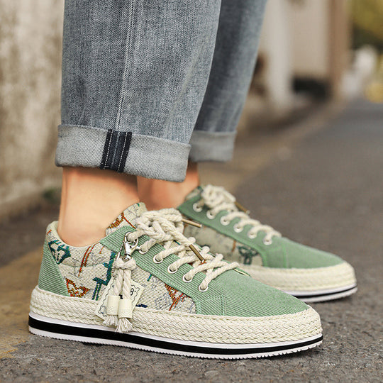 Damen Plateau-Espadrille-Sneaker mit besticktem Canvas, Quastenanhänger und geflochtener Bastsohle Shopy Nory