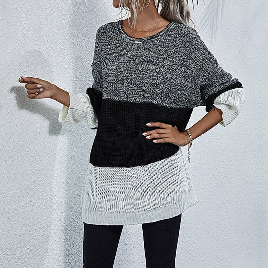 Damen Longline-Grobstrickpullover mit Farbbalken, Rundhalsausschnitt und leicht überschnittener Schulter Shop Nory