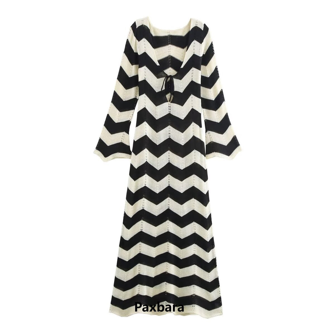 Damen Strick-Maxikleid mit Zickzack-Muster, V‑Rücken und Trompetenärmeln Shop Nory