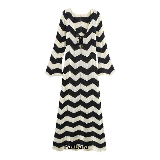 Damen Strick-Maxikleid mit Zickzack-Muster, V‑Rücken und Trompetenärmeln Shop Nory