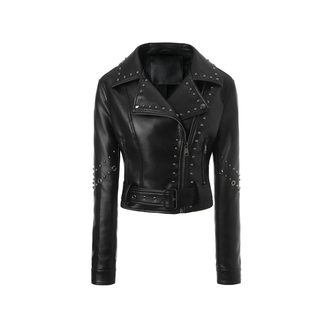 Damen Gekürzte Nieten-Bikerjacke mit Taillengürtel Shop Nory