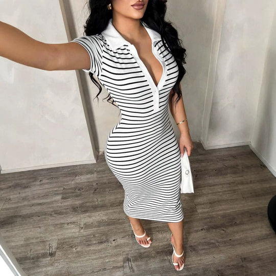 Damen Figurbetontes Polokleid im Streifen‑Look aus Rippstrick mit kurzem Ärmel Shop Nory
