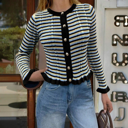 Damen Gerippte Kurzcardigan mit Rüschenbündchen & Statement‑Knöpfen Shop Nory