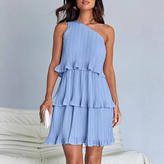 Damen Ärmelloses plissiertes Stufenkleid mit asymmetrischer Schulterpartie Shop Nory