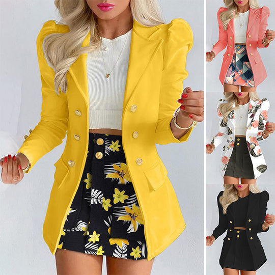 Damen Zweiteiliges karriertes Blazer- und Minirock-Set mit betonten Puffärmeln und goldenen Knöpfen Shop Nory