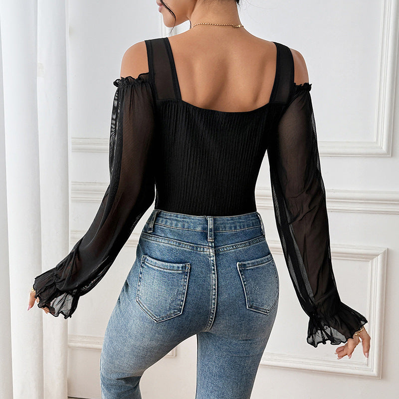 Damen Ripp-Corsage-Top mit Mesh-Schulterpartie und Ballonärmeln Shop Nory
