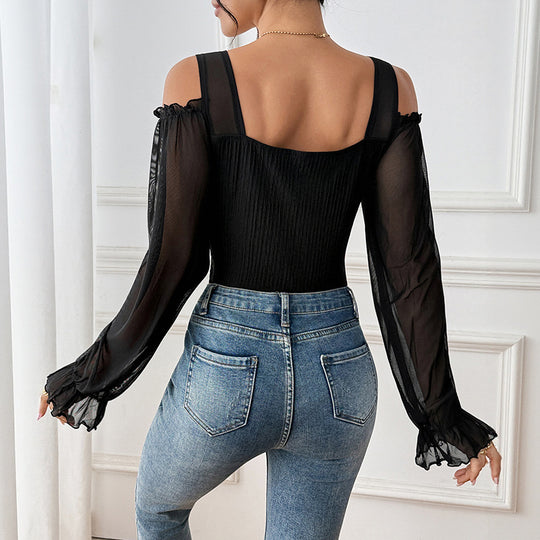 Damen Ripp-Corsage-Top mit Mesh-Schulterpartie und Ballonärmeln Shop Nory