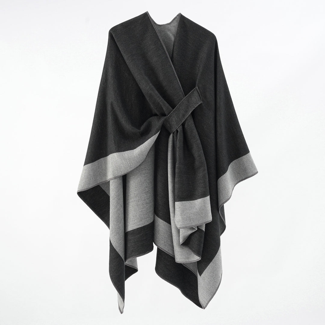 Damen Weicher Strickponcho mit Gürtel und Kontrastkante Shop Nory