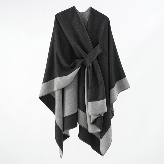 Damen Weicher Strickponcho mit Gürtel und Kontrastkante Shop Nory
