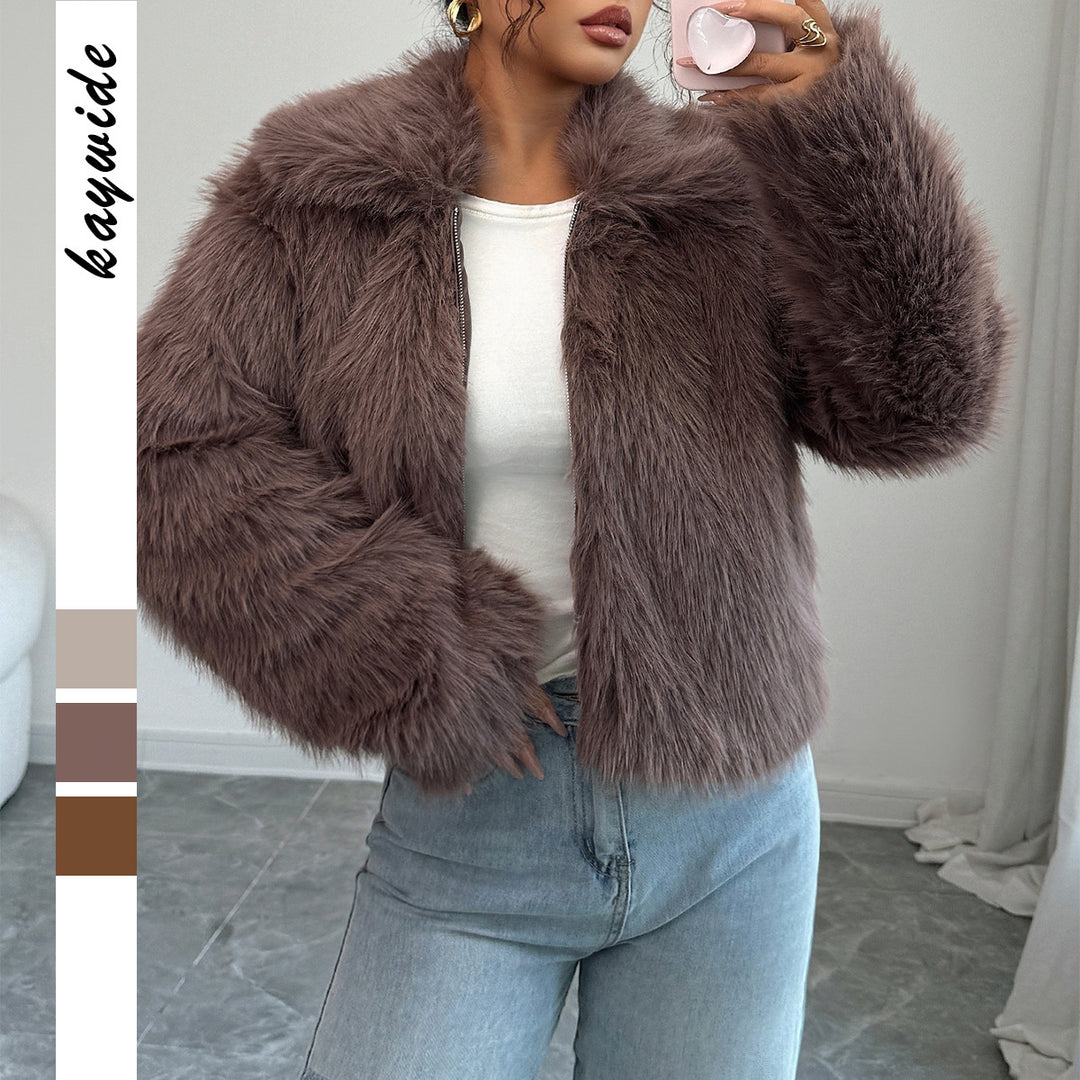 Damen nan kurzer Kunstfelljacke mit Stehkragen, verdecktem Reißverschluss und weiten Ärmeln Shop Nory