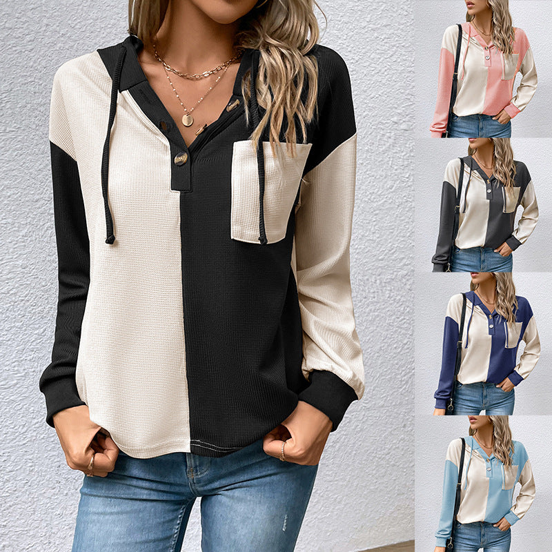 Damen Lässiges Colorblock-Hoodie-Henley mit Waffelstruktur und Brusttasche Shop Nory