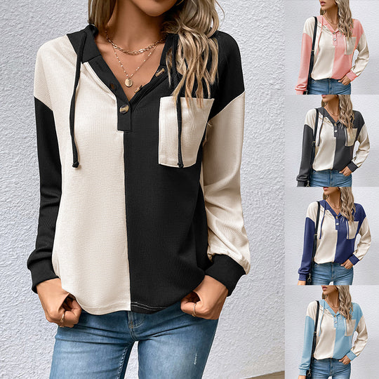 Damen Lässiges Colorblock-Hoodie-Henley mit Waffelstruktur und Brusttasche Shop Nory