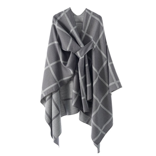 Damen Oversize Poncho aus Feinstrick mit Taillengürtel und Karomuster Shop Nory
