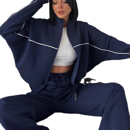 Damen lässiges Sweatset mit Stehkragen Reißverschluss gekürzter Jacke und hochtaillierter Schlaghose Shop Nory