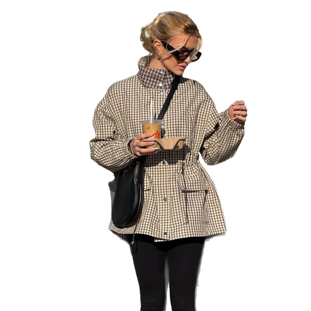 Damen Karierter Taillen-Parka mit Stehkragen, Tunnelzug und Pattentaschen Shop Nory