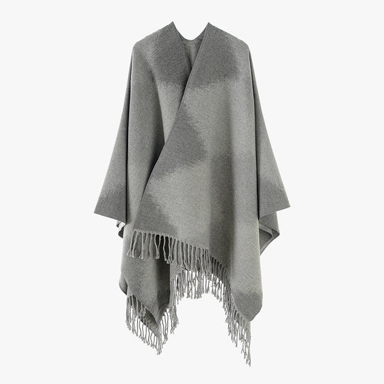 Damen Oversize-Poncho aus Wollmix mit verwaschenem Karo und Fransensaum Shop Nory