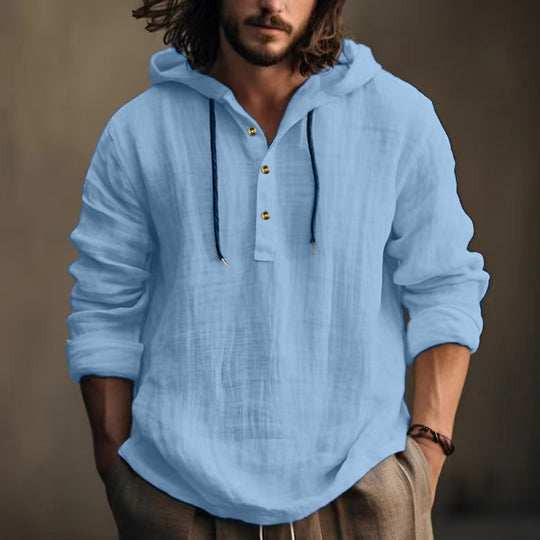 Herren nan leichtes Kapuzen-Henley Leinenhemd mit Knopfleiste und Kordelzug Shop Nory