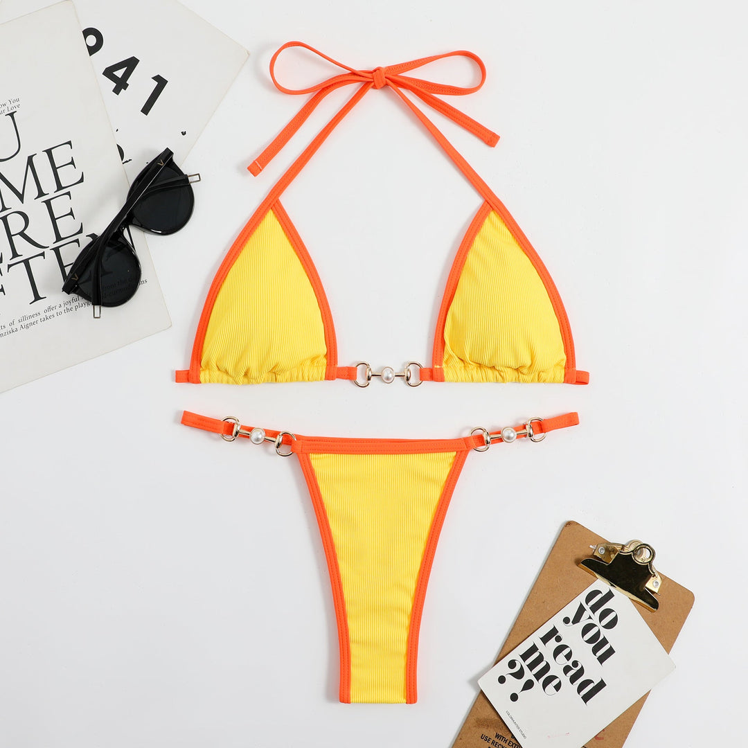 Damen Triangel-Bikini mit modischem Rippdesign und dekorativen Elementen