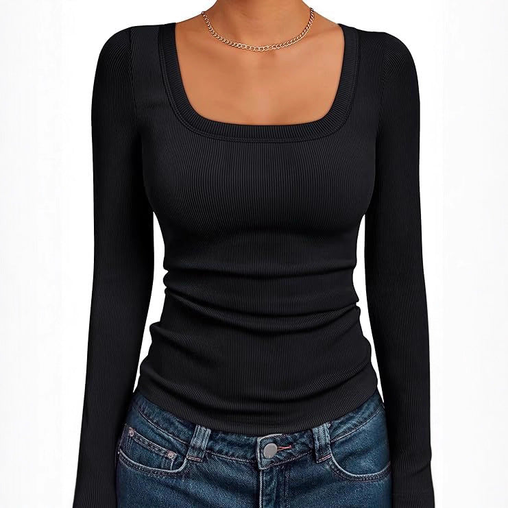 Damen Figurnahes Ripp-Langarmshirt mit weitem Carré-Ausschnitt und Stretch-Baumwollmix Shop Nory