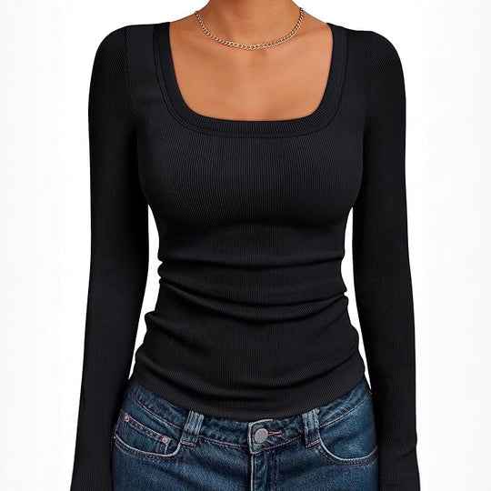 Damen Figurnahes Ripp-Langarmshirt mit weitem Carré-Ausschnitt und Stretch-Baumwollmix Shop Nory
