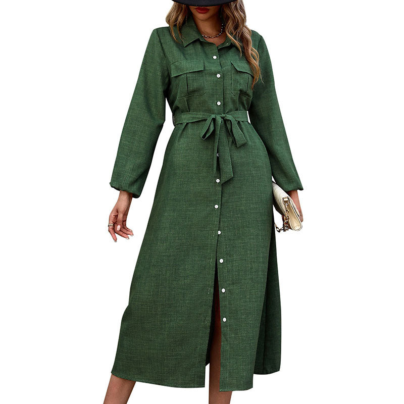 Damen Langärmeliges Hemdblusenkleid im Leinenlook mit Taillenbinder und Frontschlitz Shop Nory
