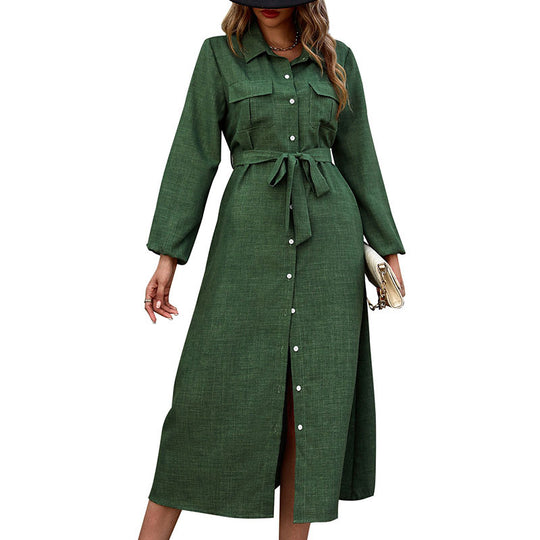 Damen Langärmeliges Hemdblusenkleid im Leinenlook mit Taillenbinder und Frontschlitz Shop Nory