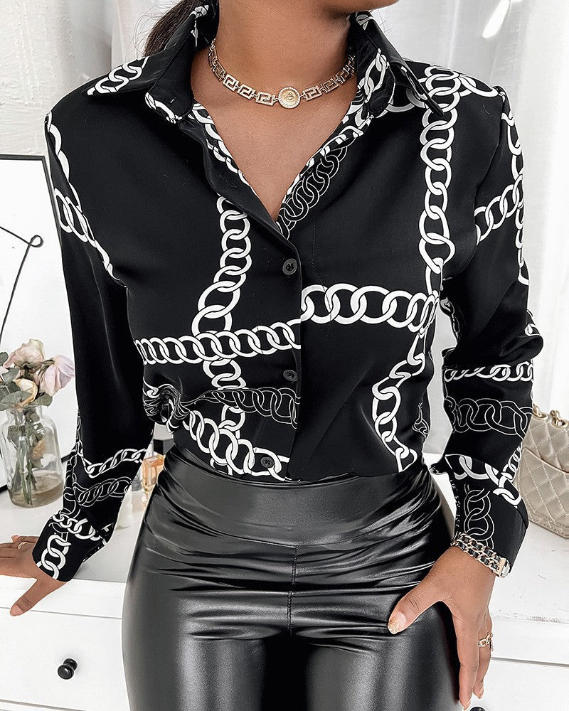 Damen Schicke Druckbluse mit modischem Kragen und figurbetonendem Schnitt Shopnory