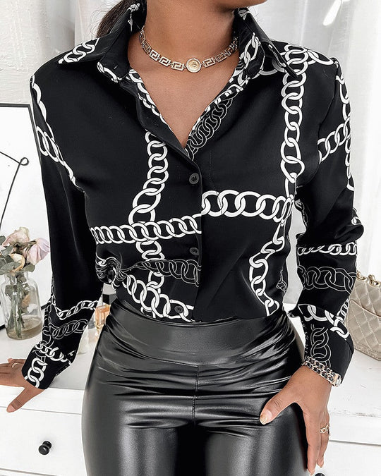 Damen Schicke Druckbluse mit modischem Kragen und figurbetonendem Schnitt Shopnory