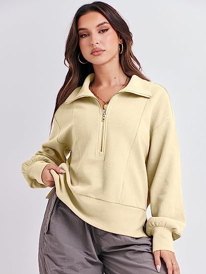 Damen Halb-Zip Kragen Entspannt Sweatshirt Pullover mit Rippbund und -manschetten Shop Nory